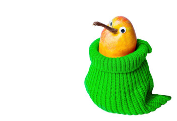 Cute pear character in a knitted green pouch