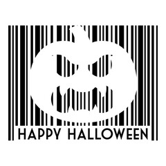 Logo con texto Happy Halloween con código de barras con líneas con calabaza en espacio negativo