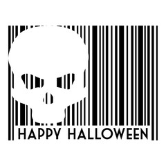 Logo con texto Happy Halloween con código de barras con líneas con calavera en espacio negativo