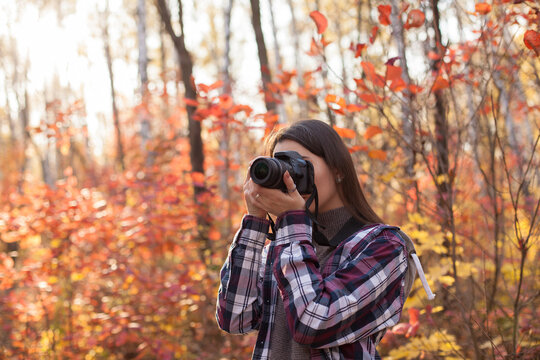 Young woman taking photos on DSLR camera in autumn forest