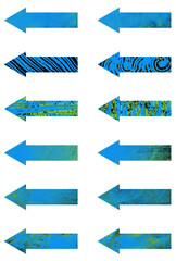 矢印記号セット、マーブリング模様の矢印記号、模様のある記号、ブルーとグリーンのグラデーション、混ざり模様の矢印