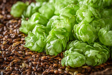 Closeup of hop and malt as ingredients for beer.