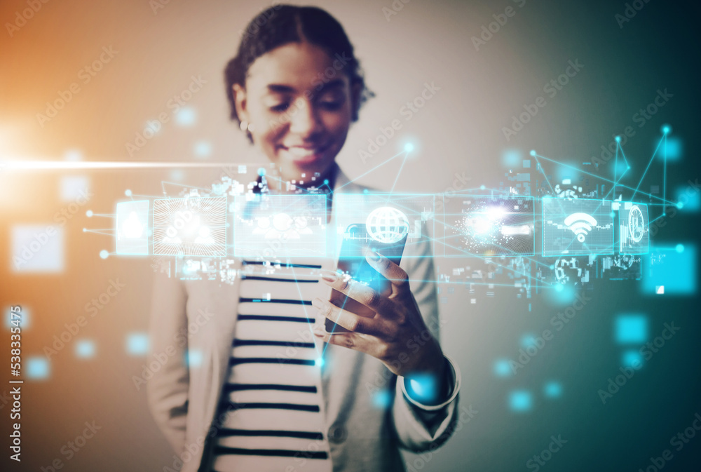 Fototapete digital ai, phone and black woman on social media against a grey mockup studio background. network, 