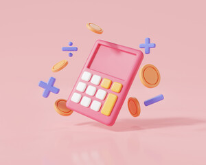 Pink calculator with plus, minus, multiplication, number divide. Math device calculate, calculator for accounting, Math Tool, finance education. Financial management concept. 3d render illustration - obrazy, fototapety, plakaty