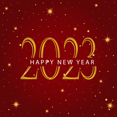 Happy new year 2023 with snow and stars in red background. Suitable for greeting card, banner, or poster