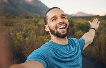 Happy, nature and man taking a selfie in the countryside for a peaceful holiday adventure outdoors...