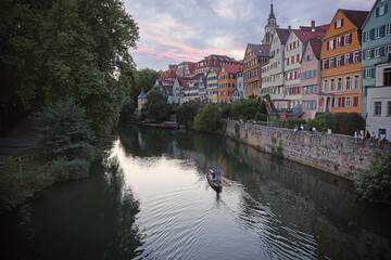 Sunset view old town with river and boat in Germanzy