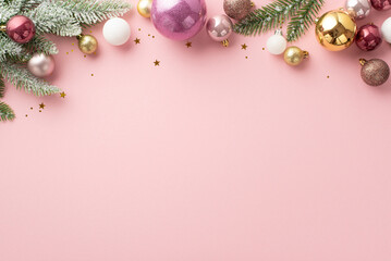 New Year concept. Top view photo of stylish white violet gold and pink baubles confetti and pine...