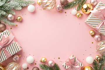 Naklejka na ściany i meble Christmas Eve concept. Top view photo of present boxes with ribbon bows pine branches in snow stylish baubles balls and confetti on isolated light pink background with blank space in the middle