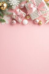 Christmas mood concept. Top vertical view photo of present boxes with bows pine branch in snow gold pink white baubles snowflake ornaments and confetti on isolated pastel pink background empty space