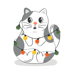 Cute cartoon cat with colorful Christmas garland. New Year. Season's Greetings. Vector illustration	