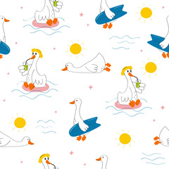 Hand drawn pattern with cute cartoon goose, sun, sea. Illustration in hand drawn style for kids clothing, textiles, children's room design. Vector illustration Seamless pattern.