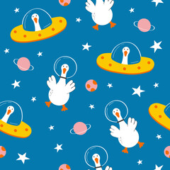 Hand drawn spring pattern with cute cartoon goose, planet, stars. Illustration in hand drawn style for kids clothing, textiles, children's room design. Vector illustration Seamless pattern.