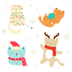 Obraz na płótnie Canvas Collection of Christmas cats isolated on white background. For winter New year and Christmas. Kitties in hats and scarfs. Stock vector illustration