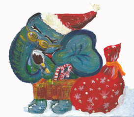acrylic illustration of elephant santa with gift bag and ice cream