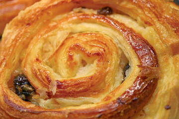 Closeup the Texture of Freshly Baked Cinnamon Raisin Danish Pastry