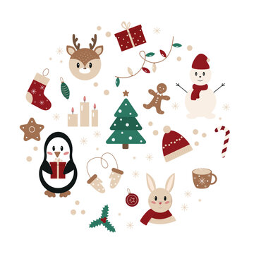 Circle set of Christmas and New Year elements in flat style. Cute animals and traditional symbols. Vector illustration