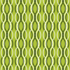 Colored vertical wavy lines intertwined on a light green background. Vector seamless pattern. Illustration great for holiday background, Christmas, greeting card design, textiles, packaging, wallpaper