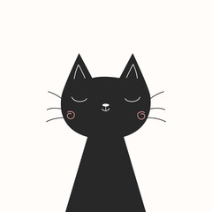Funny black cat. Vector illustration with a cartoon kitten. Baby cute print. Design of a kids postcard or T-shirt. Wall art of the nursery.