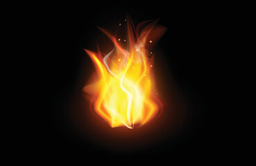 Fototapeta na wymiar Realistic burning fire flames with shiny bright elements.
