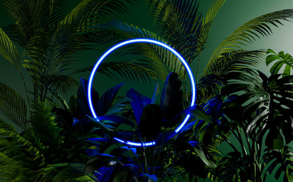circle ring with blooming light in small plant group, 3d illustration rendering