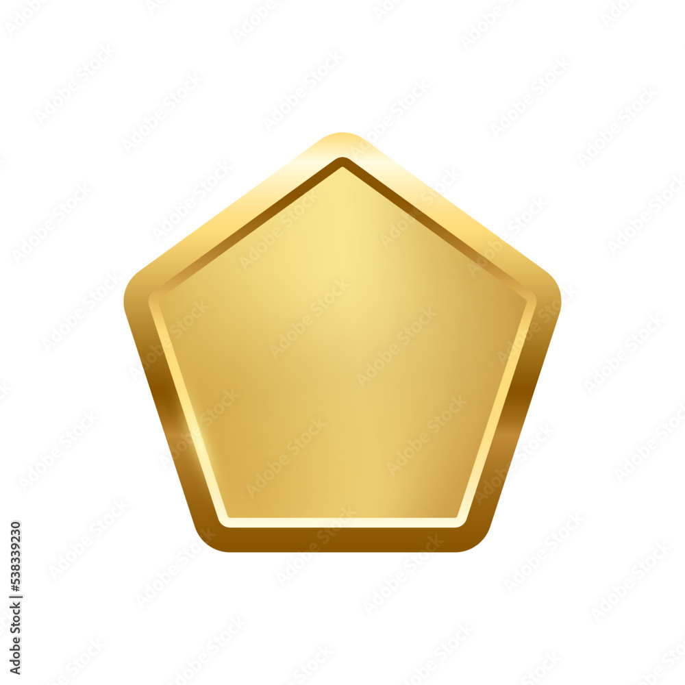 Poster gold pentagon button with frame vector illustration. 3d golden glossy elegant design for empty emble