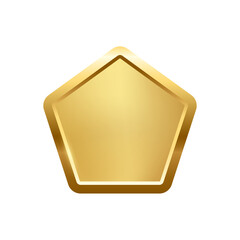 Gold pentagon button with frame vector illustration. 3d golden glossy elegant design for empty emblem, medal or badge, shiny and gradient light effect on plate isolated on white background