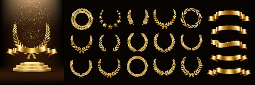 Set of golden ribbons, laurel wreaths of different shapes for 3d winners gold podium