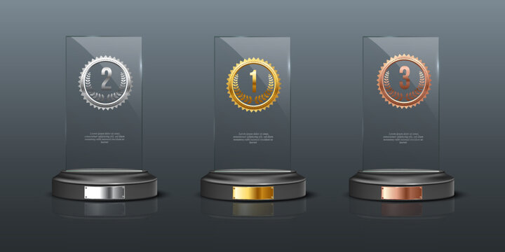 Glass awards realistic vector illustration. Crystal prizes with golden, silver and bronze medals 3D isolated clipart set on gray background. Competition winner rewards. Trophy design elements