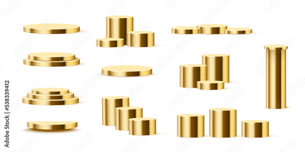 Poster display podium scene with geometric golden platform set vector illustration. 3d realistic soft gold 