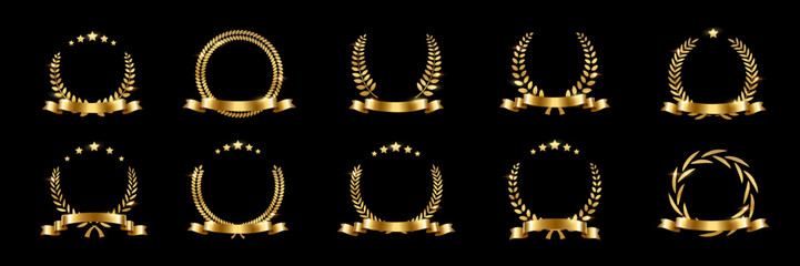 Golden laurel wreath with ribbon set vector illustration. Winner award with leaves and stars, trophy, gold certificate or birthday congratulation for ceremony isolated on black. - obrazy, fototapety, plakaty