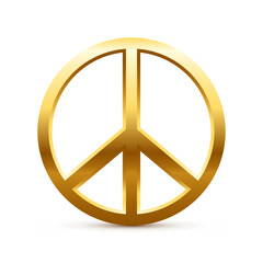 3d gold sign of peace, golden circle symbol of global love, hippie pacifists and hope