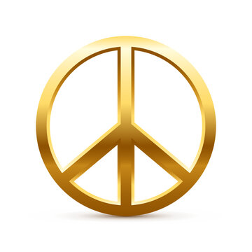 3d gold sign of peace, golden circle symbol of global love, hippie pacifists and hope