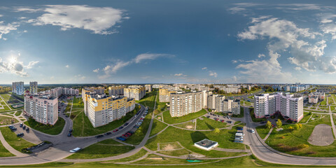 aerial full seamless spherical hdri 360 panorama view above great height in courtyard of modern...