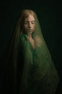 dark classic renaissance portrait of woman in green dress with veil 