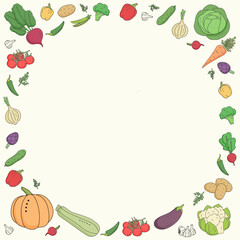 Round frame with vegetables. Cartoon style