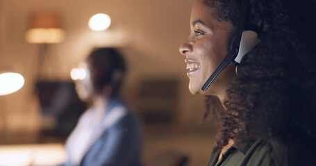 Call center, night and black woman consulting with people online in a dark office. Face of an African customer service worker talking, working and giving support with a headset during overtime - Powered by Adobe