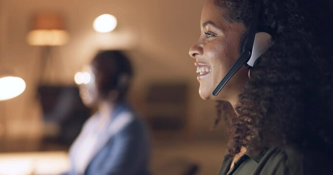 Call center, night and black woman consulting with people online in a dark office. Face of an African customer service worker talking, working and giving support with a headset during overtime