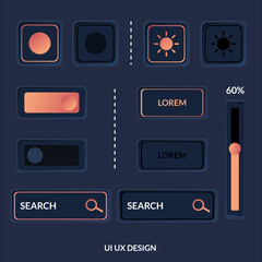 Vector luxury UI design elements Button, orange color, search field, selector, On Off, switch, radio button, scroller, volume, sound