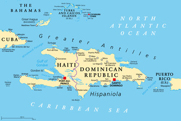 Hispaniola and surroundings, political map. Caribbean island, divided into Haiti and Dominican Republic, part of Greater Antilles, next to Cuba, The Bahamas, Puerto Rico, and Turks and Caicos Islands. - obrazy, fototapety, plakaty