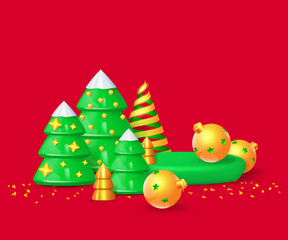 Happy New Year background. Snowy Christmas trees on the round studio podium and christmas ornaments. Realistic 3d Xmas decor