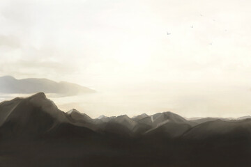 surreal panorama of mountains overlooking the sea, concept of nature and freedom