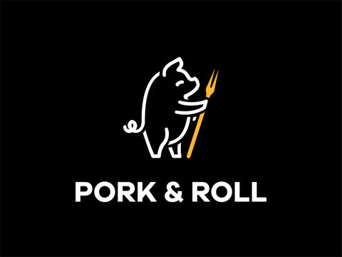 Standing pork logo in line art style template for restaurant cafe farm