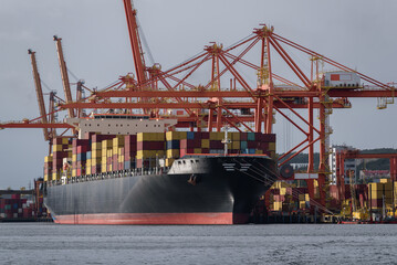 Fototapeta premium CONTAINER SHIP - Cargo reloading at the port terminal 