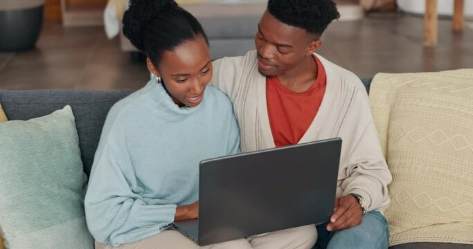 Black couple, laptop and home sharing kiss and laughing at comedy movie, streaming online and watching funny video on sofa in living room. African man and woman with internet subscription and wifi