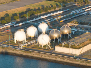 Ball sphere gas storage silo petroleum tank reserve container unit. In a large industrial...