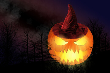 Kürbis für Halloween mit Hexen Hut und schreckliche Hintergrund
