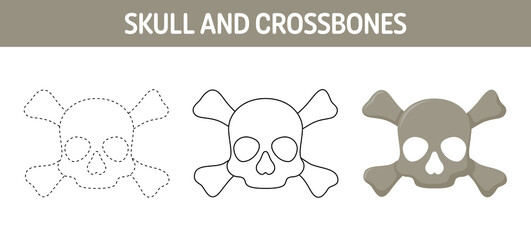 Skull And Crossbones tracing and coloring worksheet for kids