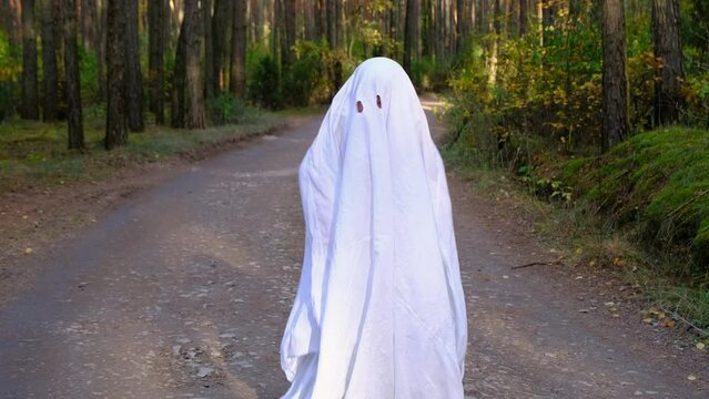 A child in sheets with cutout for eyes like a ghost costume dancing in an autumn forest scares and terrifies. A kind little funny ghost. Halloween Party, slow motion 4k