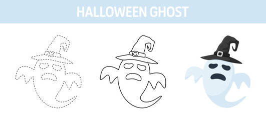 Ghost With Hat tracing and coloring worksheet for kids